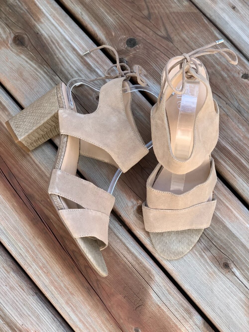 Franco Sarto Strappy Sandals 10 Tan Suede Snakeskin High Block Heel Shoes Boho